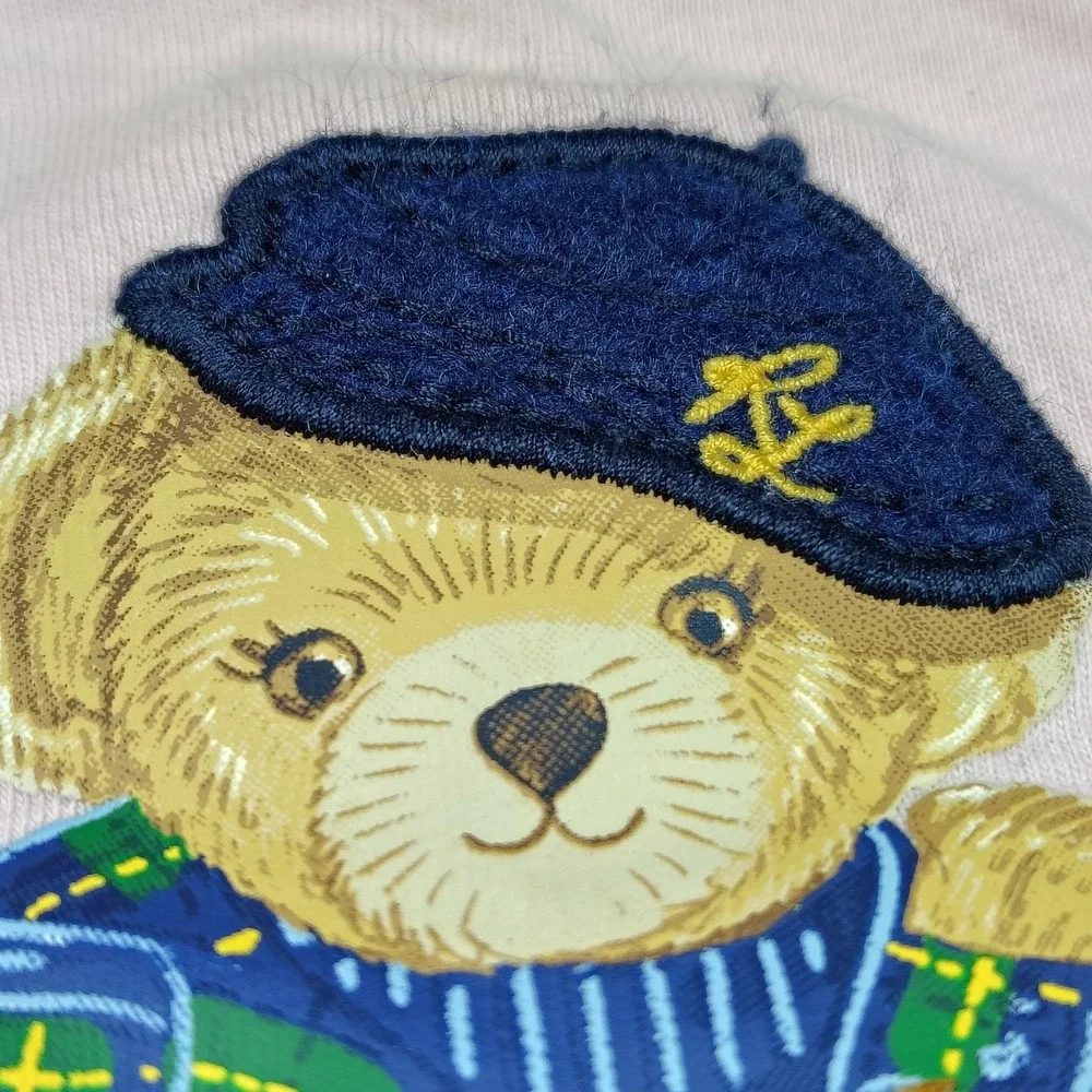 Ralph Lauren Polo Bear Baby Girl Top 12 Month Pink Beret Tartan Plaid Preppy EC